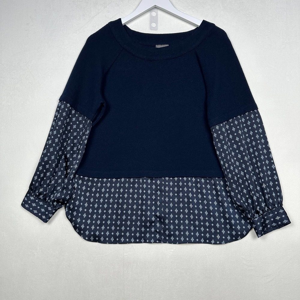Vince Camuto Women's Size L‎ Mixed Media Boat Neck Long Sleeve Blouse Top Navy
